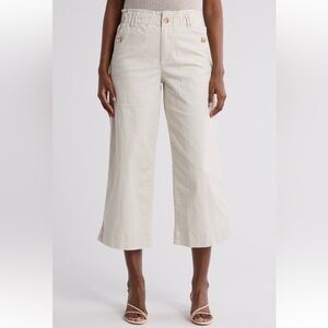 Democracy Wide Leg Cropped Pants w Brown Button Accents, Cream/White, Sz 10